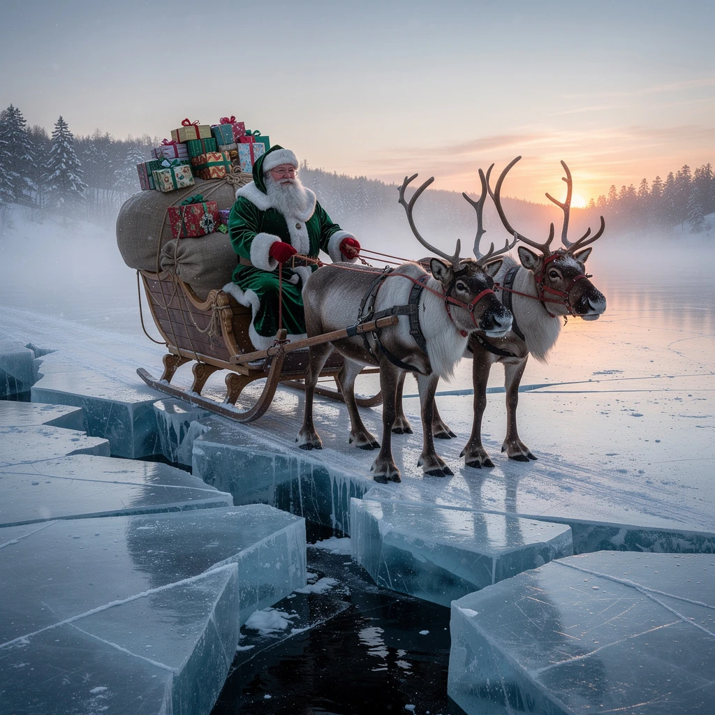 Weihnachtsmann fährt mit vollbeladenem Schlitten über eine brüchige Eisflaeche.