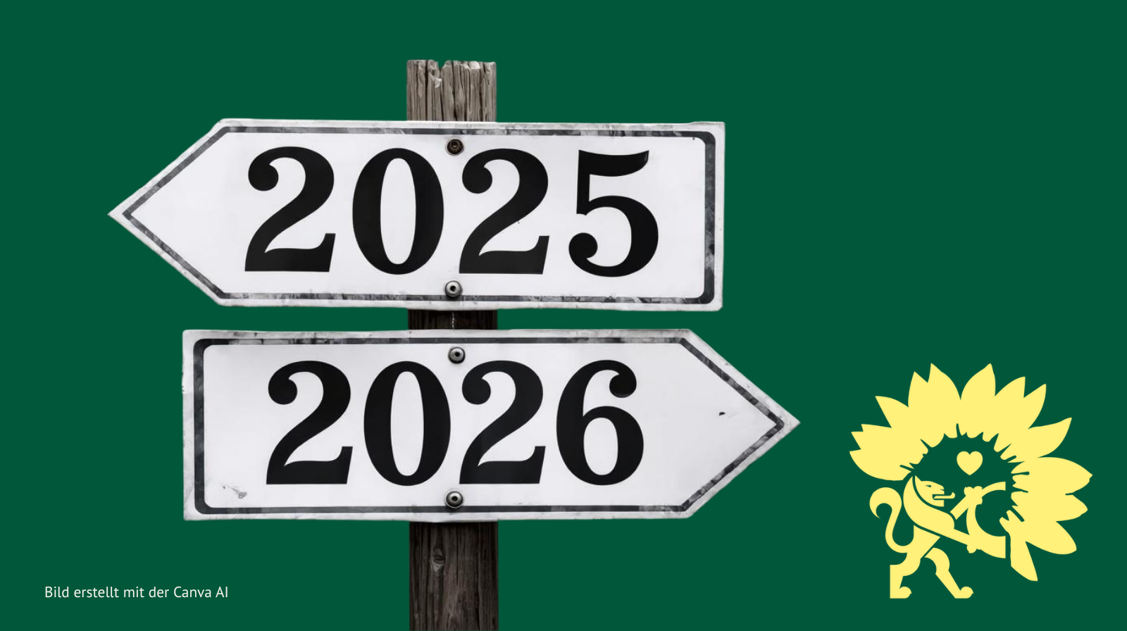 Zwei Schilder an einem Pfahl. Auf einem steht "2025", auf dem anderen "2026". Sie beide zeigen in unterschiedliche Richtungen.
